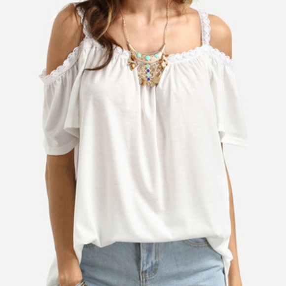 Hidden StarDust Tops - Cold Shoulder Crochet-Trim Ruffle Blouse